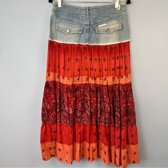 d. Jeans Denim Bandana Tiered Boho Maxi Skirt Size 6 Hippie Festival Western - Picture 7 of 7
